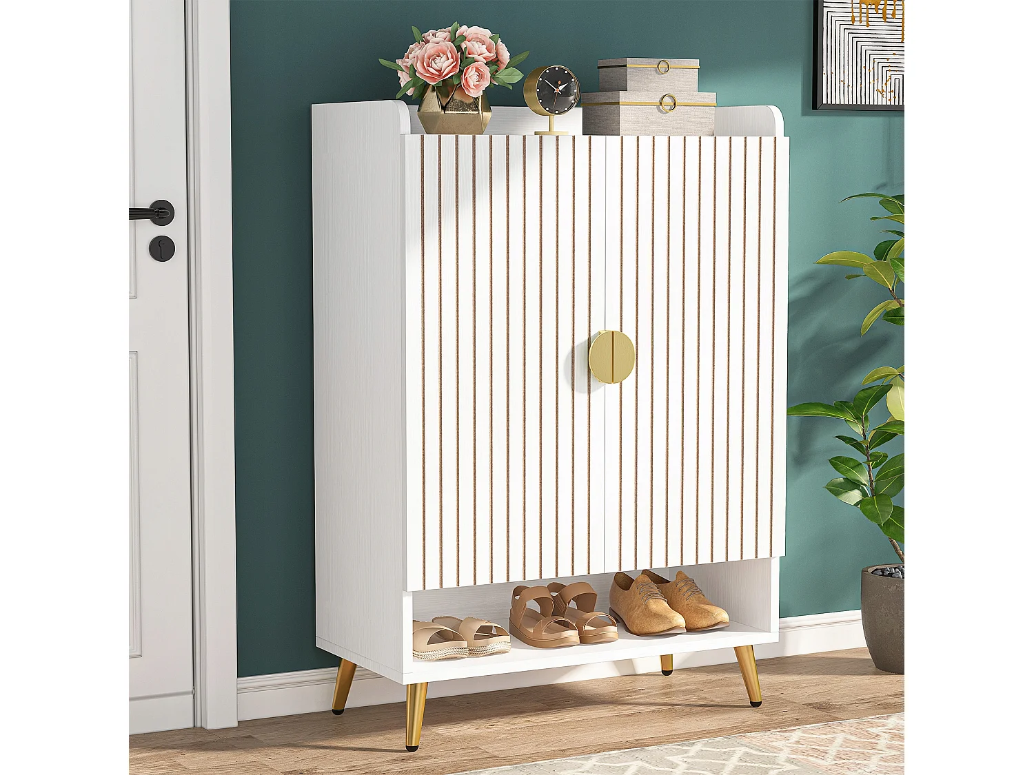 Meuble Chaussures avec 2 Portes, 6 étages Meuble de Rangement à Chaussures,Meuble d'entrée Rangement pour Chaussures, 75x 35x 110cm (Blanc)