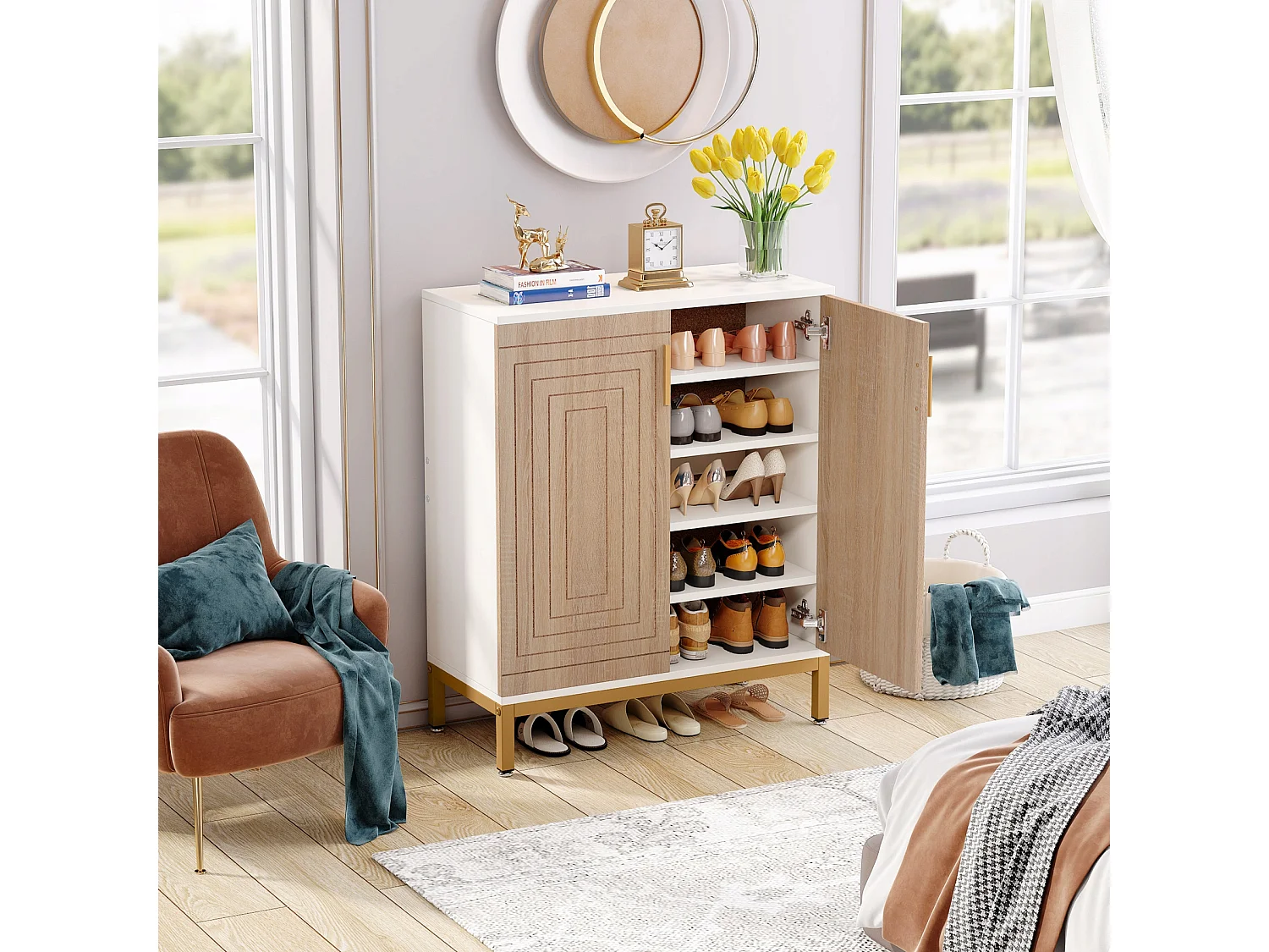 Armário para sapatos para 20 pares de sapatos - Grande estante de sapatos autoportante para entrada com 2 portas e 5 prateleiras - Branco