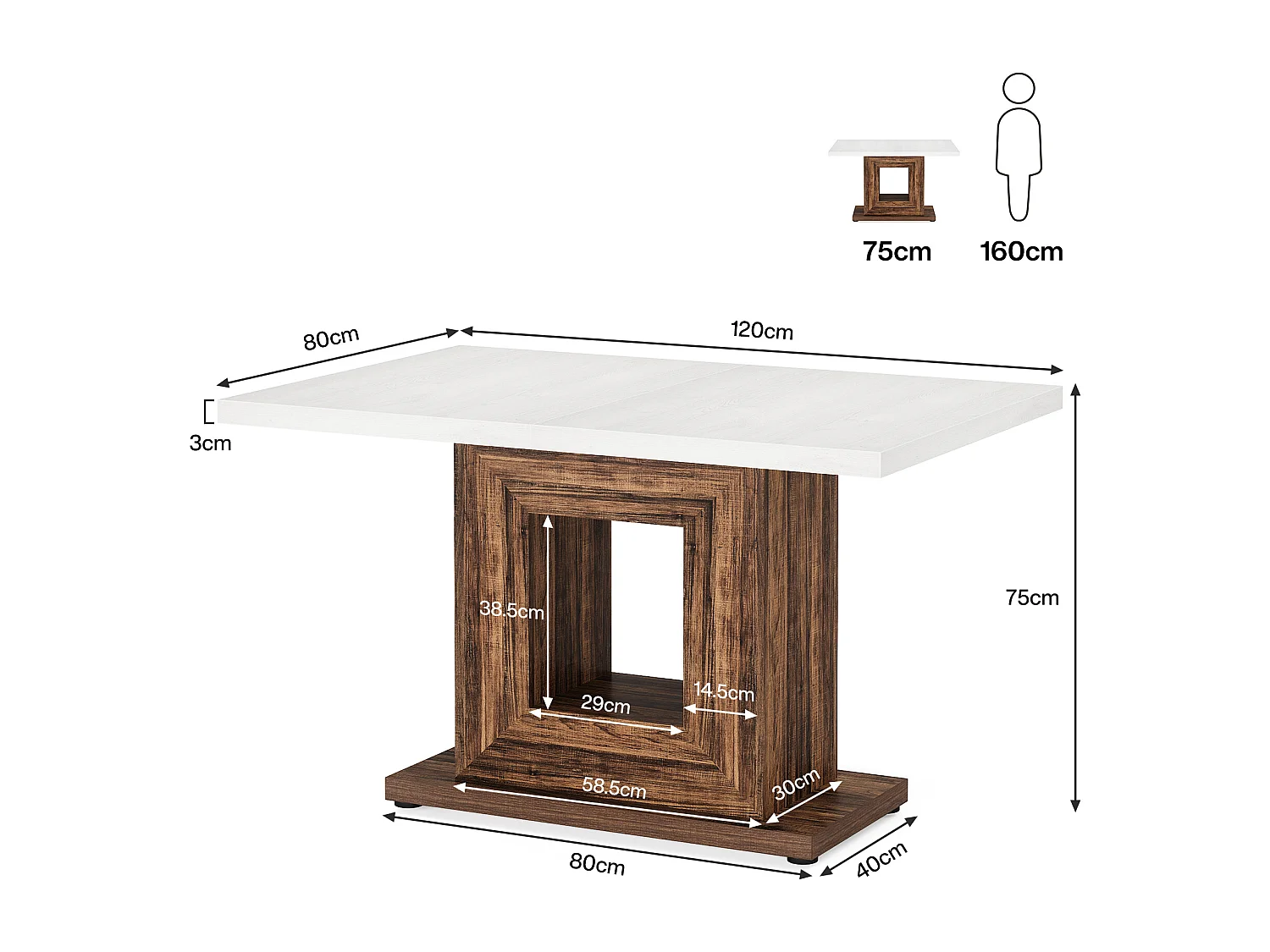 Stół jadalny w stylu rustykalnym dla 4 osób, biały stół kuchenny z solidną podstawą