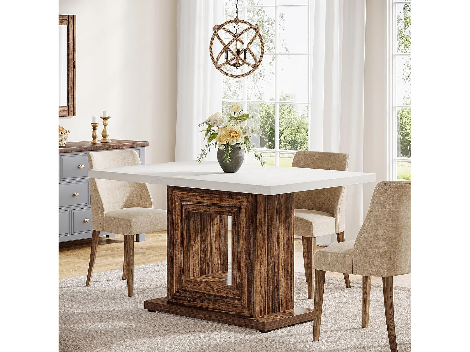 Stół jadalny w stylu rustykalnym dla 4 osób, biały stół kuchenny z solidną podstawą