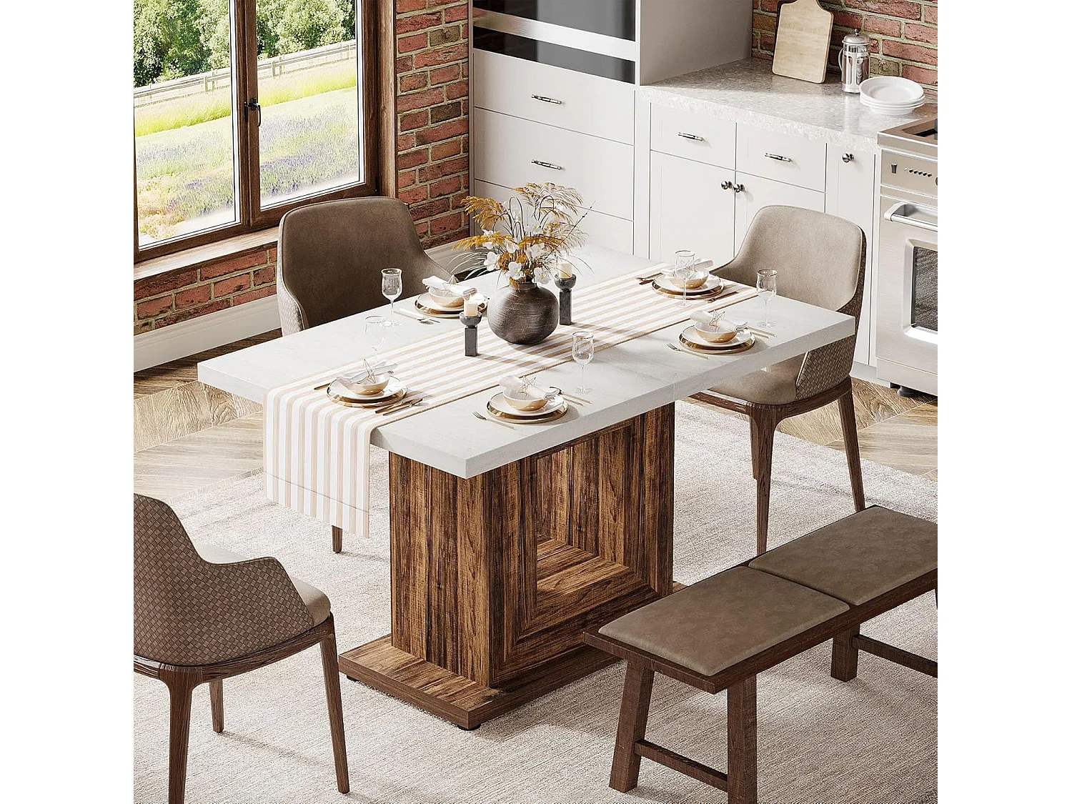 Stół jadalny w stylu rustykalnym dla 4 osób, biały stół kuchenny z solidną podstawą