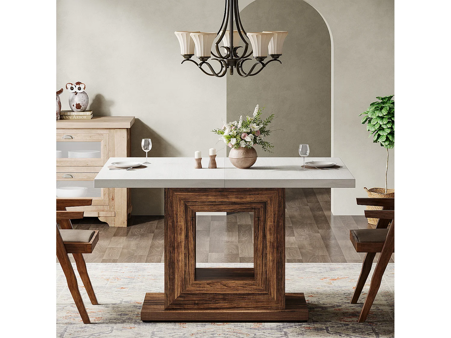 Stół jadalny w stylu rustykalnym dla 4 osób, biały stół kuchenny z solidną podstawą