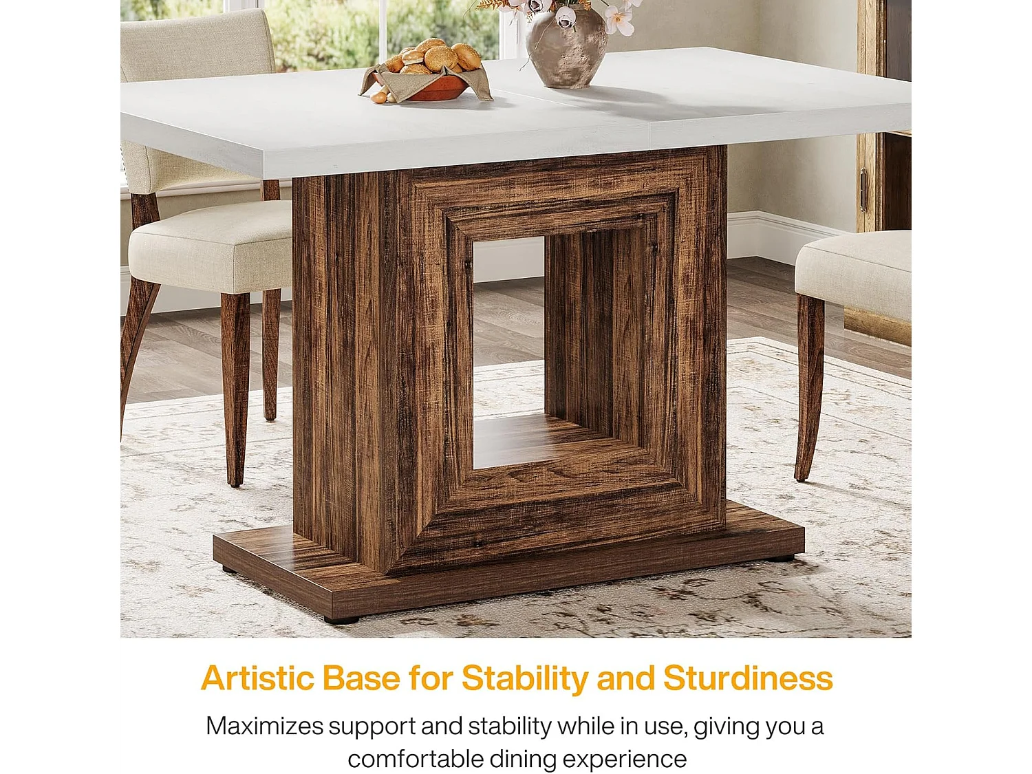 Stół jadalny w stylu rustykalnym dla 4 osób, biały stół kuchenny z solidną podstawą