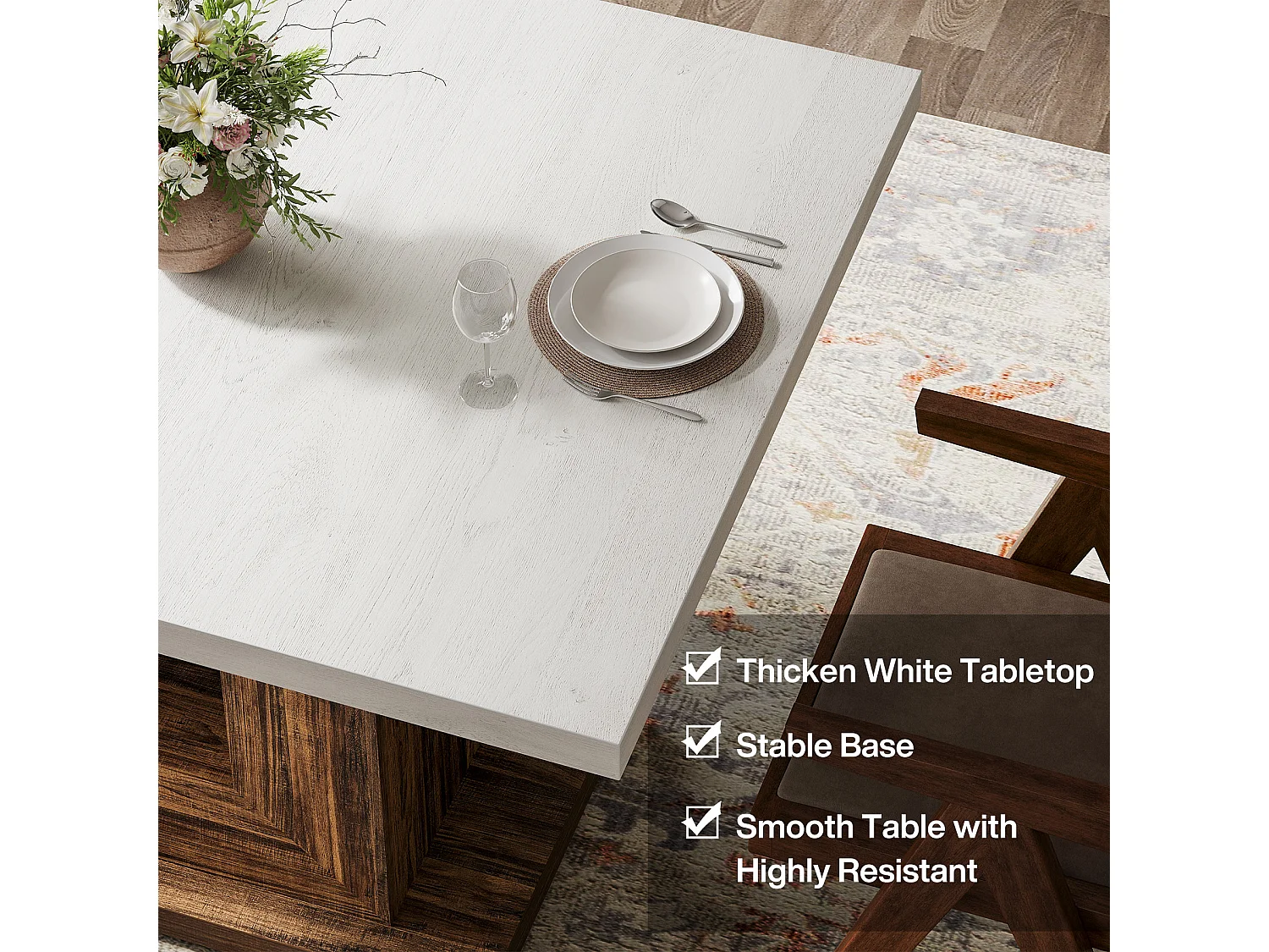 Stół jadalny w stylu rustykalnym dla 4 osób, biały stół kuchenny z solidną podstawą