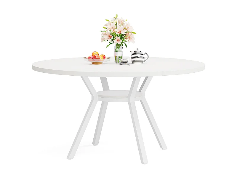 Tavolo da pranzo rotondo con piano effetto MDF, 120x120x75 cm, con quattro gambe in metallo, bianco, perfetto stile retrò scandinavo