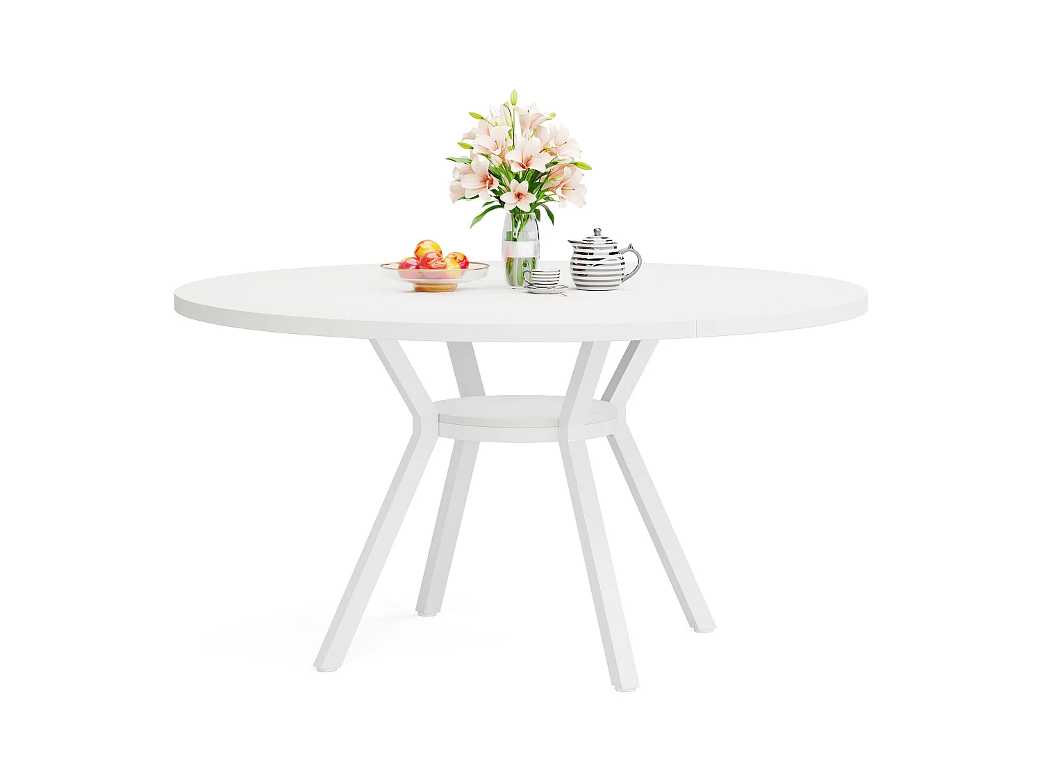 Table de Salle à Manger Ronde avec Plateau Effet MDF,120x120x75cm, avec Quatre Pieds en Métal, Blanche,Rétro Scandinave Parfaite