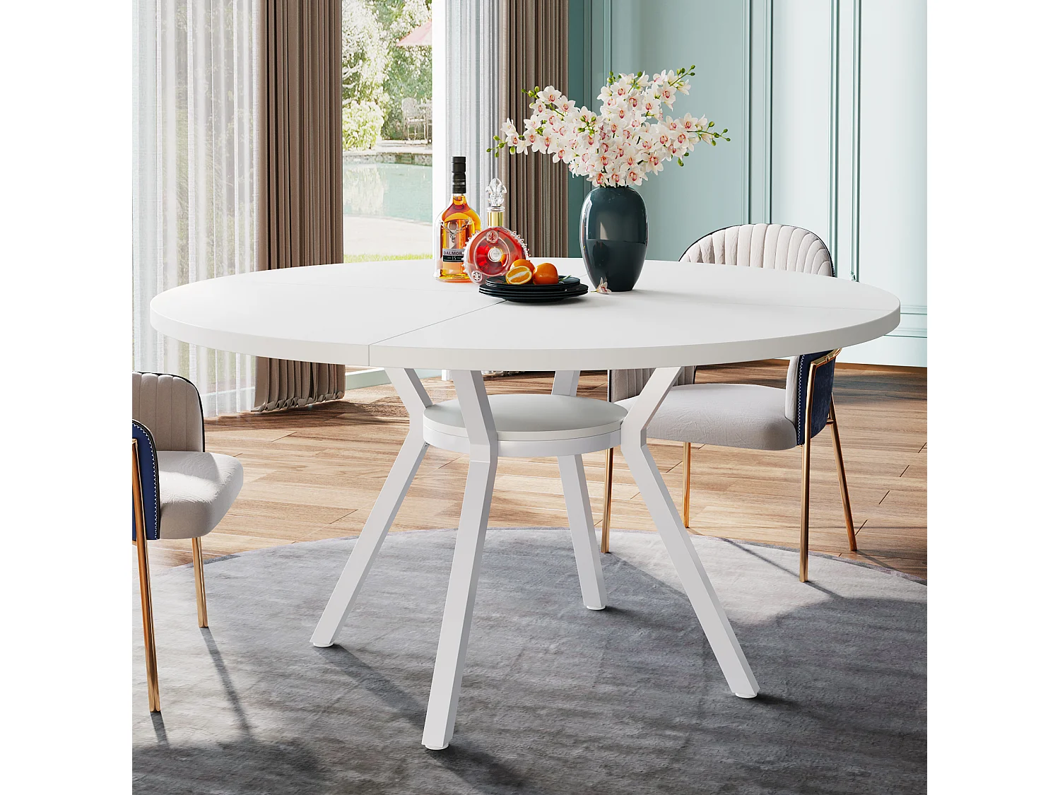 Ronde eettafel met MDF-effectblad, 120x120x75cm, met vier metalen poten, wit, perfecte Scandinavische retrostijl