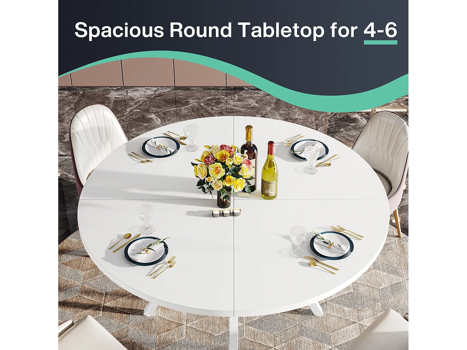 Ronde eettafel met MDF-effectblad, 120x120x75cm, met vier metalen poten, wit, perfecte Scandinavische retrostijl