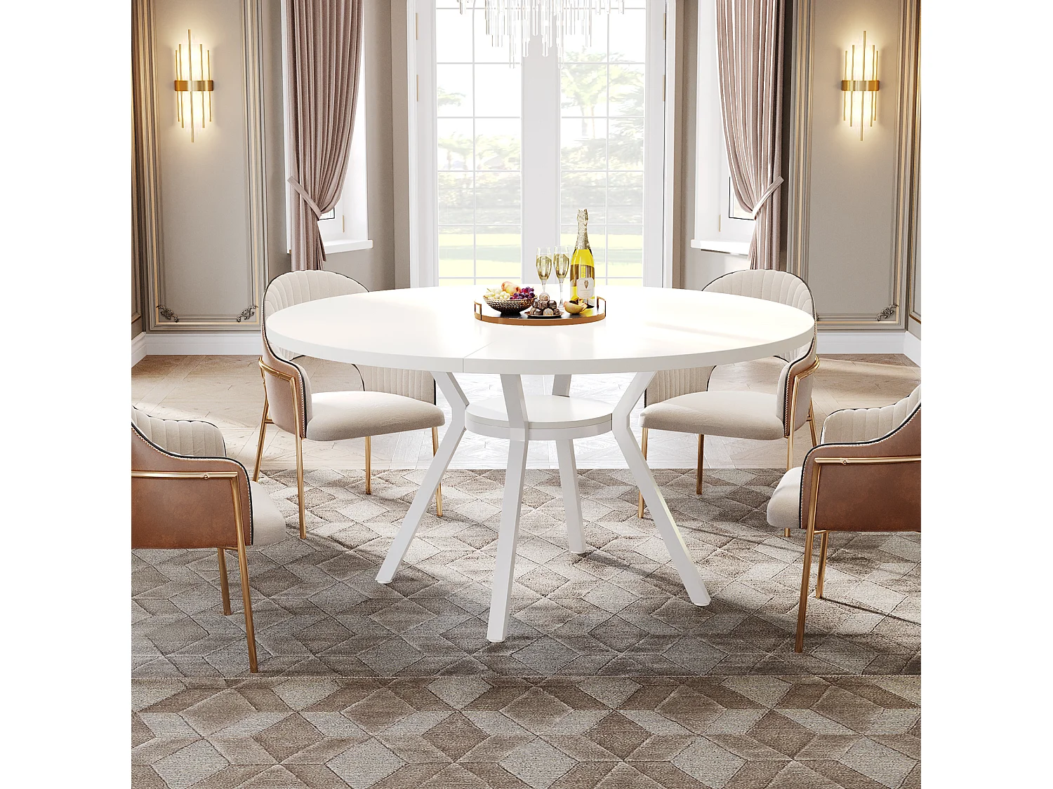 Ronde eettafel met MDF-effectblad, 120x120x75cm, met vier metalen poten, wit, perfecte Scandinavische retrostijl