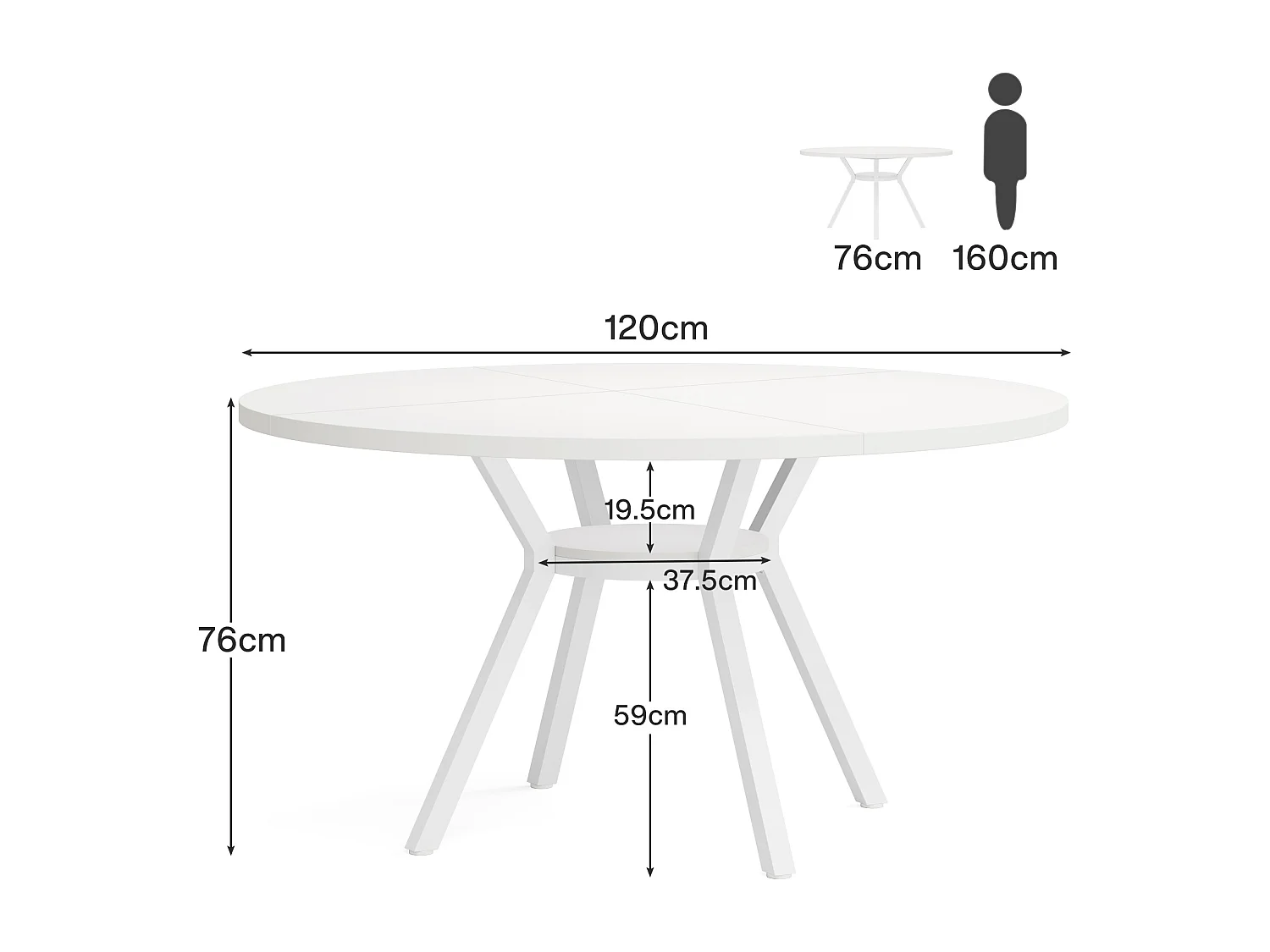 Table de Salle à Manger Ronde avec Plateau Effet MDF,120x120x75cm, avec Quatre Pieds en Métal, Blanche,Rétro Scandinave Parfaite