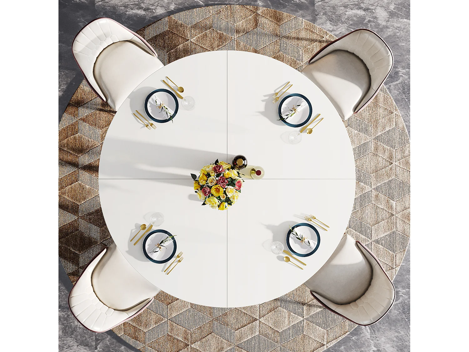 Table de Salle à Manger Ronde avec Plateau Effet MDF,120x120x75cm, avec Quatre Pieds en Métal, Blanche,Rétro Scandinave Parfaite