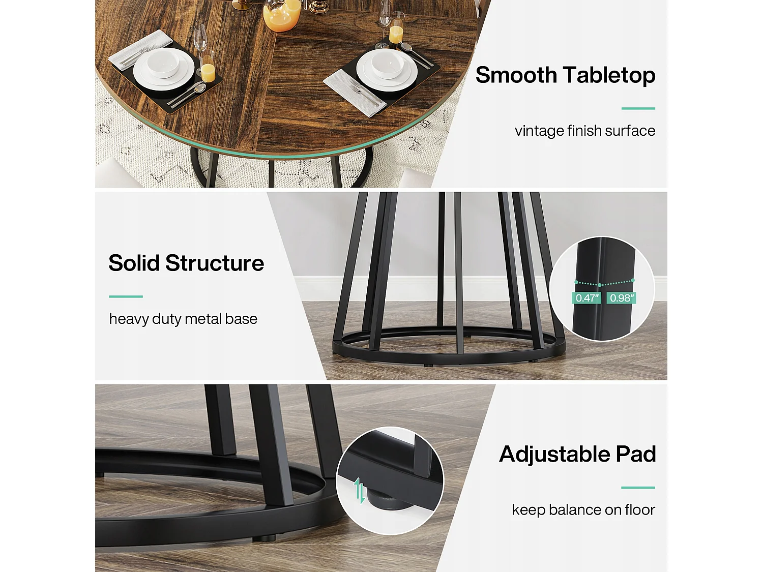 Ronde eettafel voor 4 personen, ronde eettafel met metalen onderstel, ronde tafel 120 cm