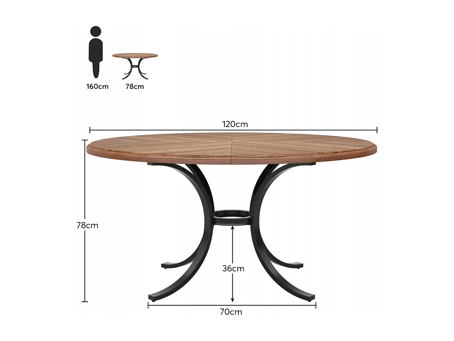 Mesa redonda para jantar para 4 a 6 pessoas - 120 cm - Mesa de cozinha redonda moderna para sala de jantar, sala de estar - Castanho e preto