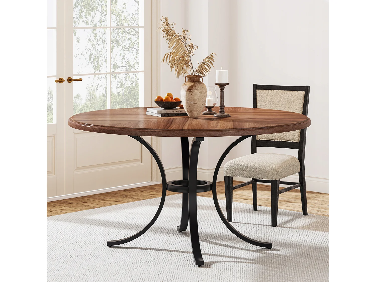 Mesa redonda para jantar para 4 a 6 pessoas - 120 cm - Mesa de cozinha redonda moderna para sala de jantar, sala de estar - Castanho e preto