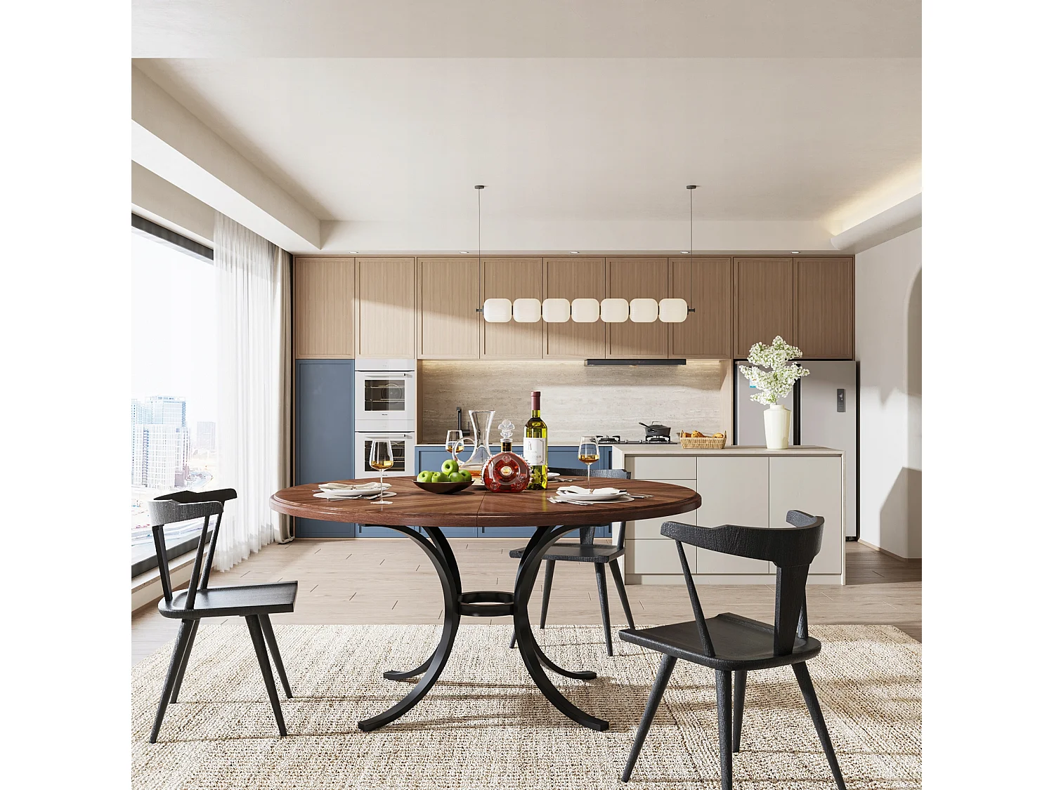 Mesa redonda para jantar para 4 a 6 pessoas - 120 cm - Mesa de cozinha redonda moderna para sala de jantar, sala de estar - Castanho e preto