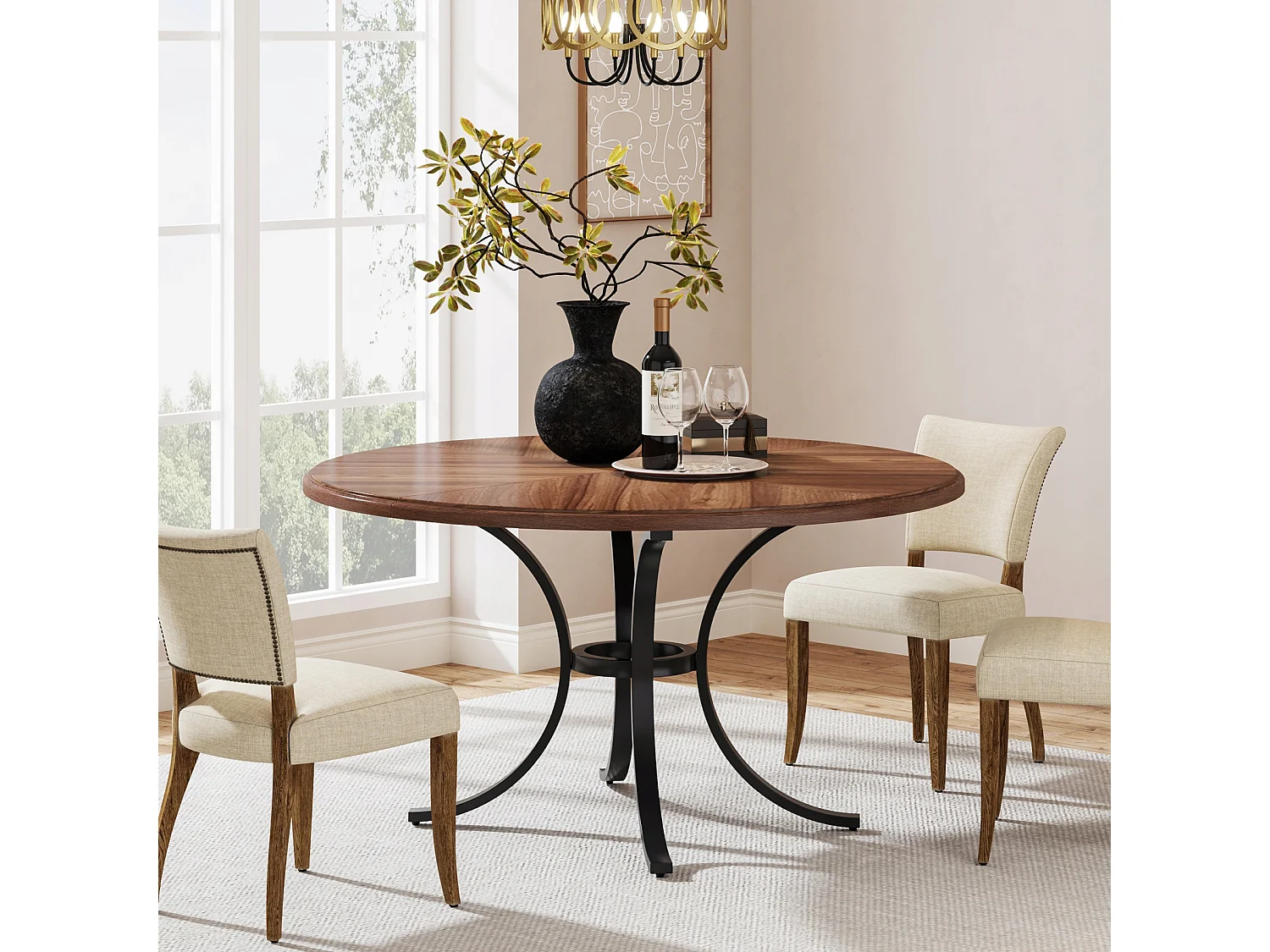 Mesa redonda para jantar para 4 a 6 pessoas - 120 cm - Mesa de cozinha redonda moderna para sala de jantar, sala de estar - Castanho e preto