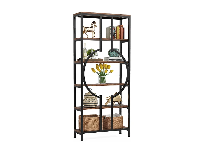 Libreria industriale a 6 ripiani, libreria alta indipendente con 5 aperture, mobiletto portaoggetti per soggiorno