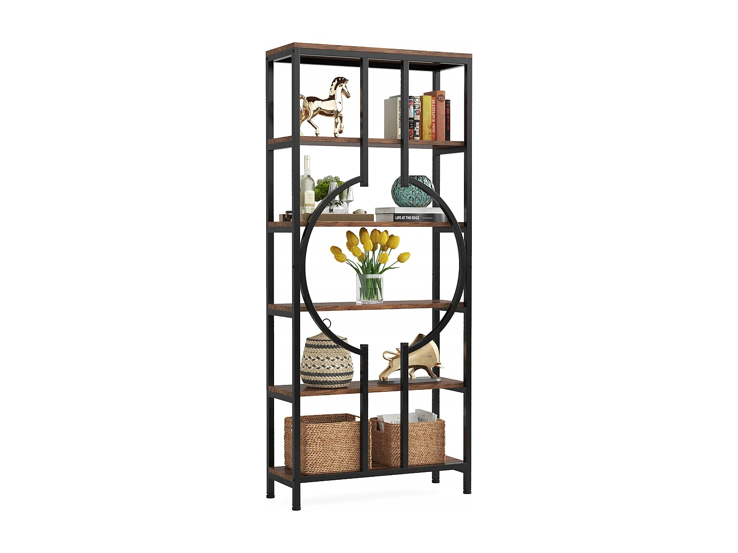 Libreria industriale a 6 ripiani, libreria alta indipendente con 5 aperture, mobiletto portaoggetti per soggiorno