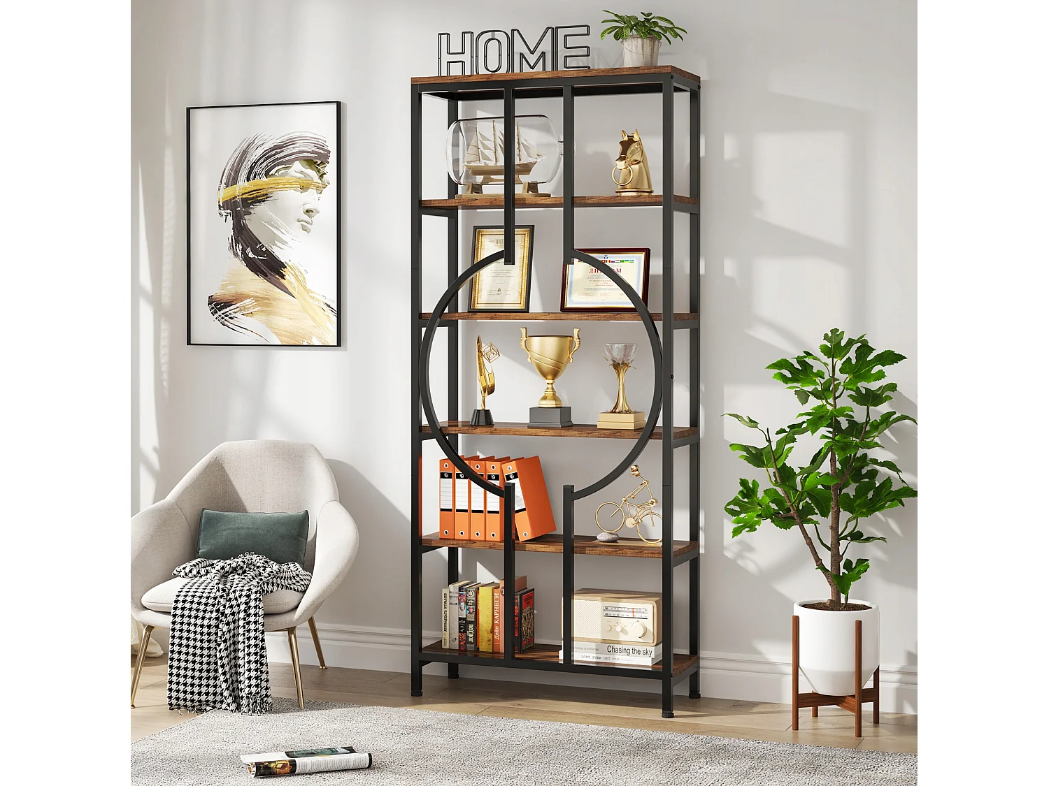 Libreria industriale a 6 ripiani, libreria alta indipendente con 5 aperture, mobiletto portaoggetti per soggiorno