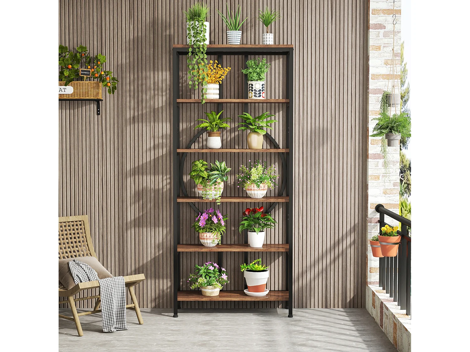 Libreria industriale a 6 ripiani, libreria alta indipendente con 5 aperture, mobiletto portaoggetti per soggiorno