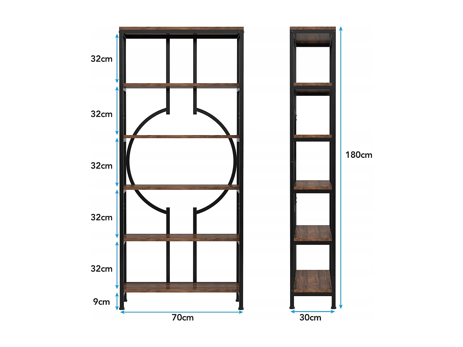Bibliothèque Industrielle à 6 Niveaux, Haute bibliothèque Autonome avec Meuble de Rangement à 5 Ouvertures pour Salon