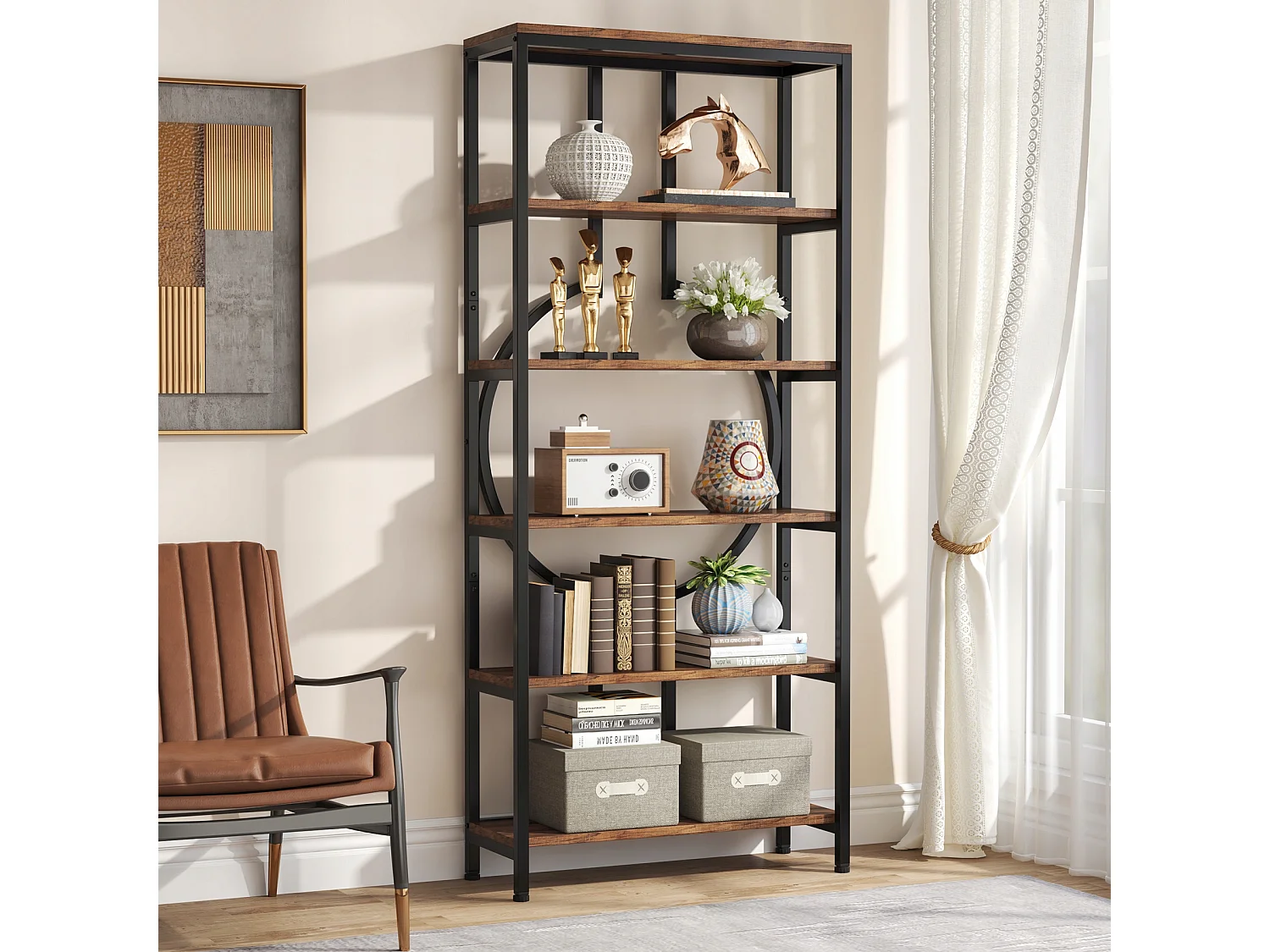 Bibliothèque Industrielle à 6 Niveaux, Haute bibliothèque Autonome avec Meuble de Rangement à 5 Ouvertures pour Salon