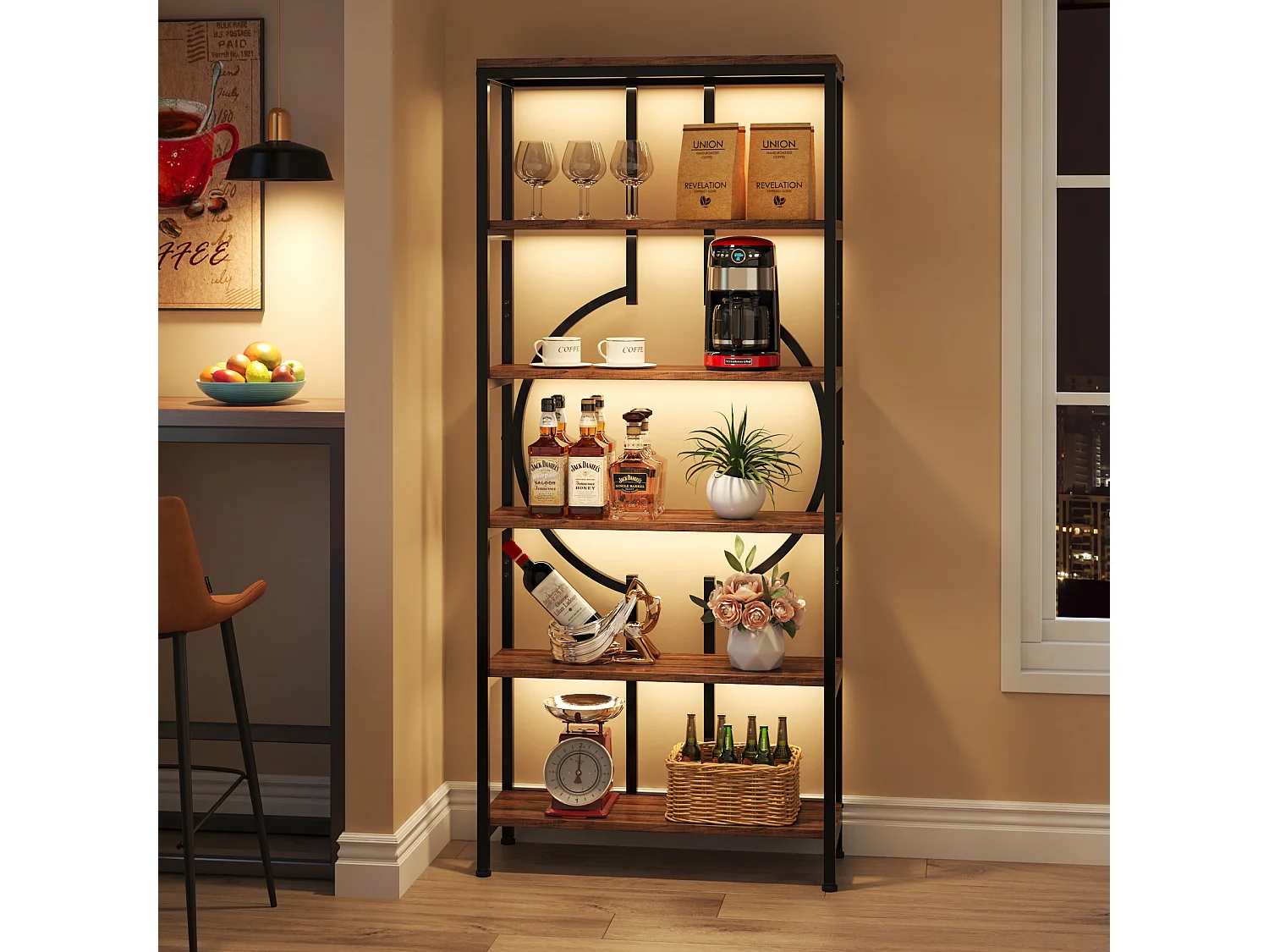 Bibliothèque Industrielle à 6 Niveaux, Haute bibliothèque Autonome avec Meuble de Rangement à 5 Ouvertures pour Salon