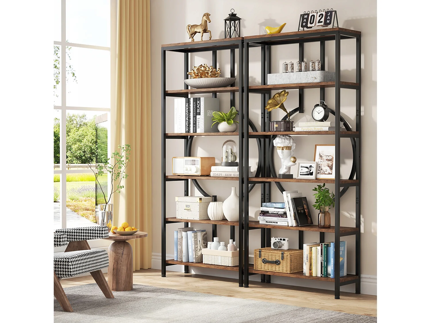 Bibliothèque Industrielle à 6 Niveaux, Haute bibliothèque Autonome avec Meuble de Rangement à 5 Ouvertures pour Salon