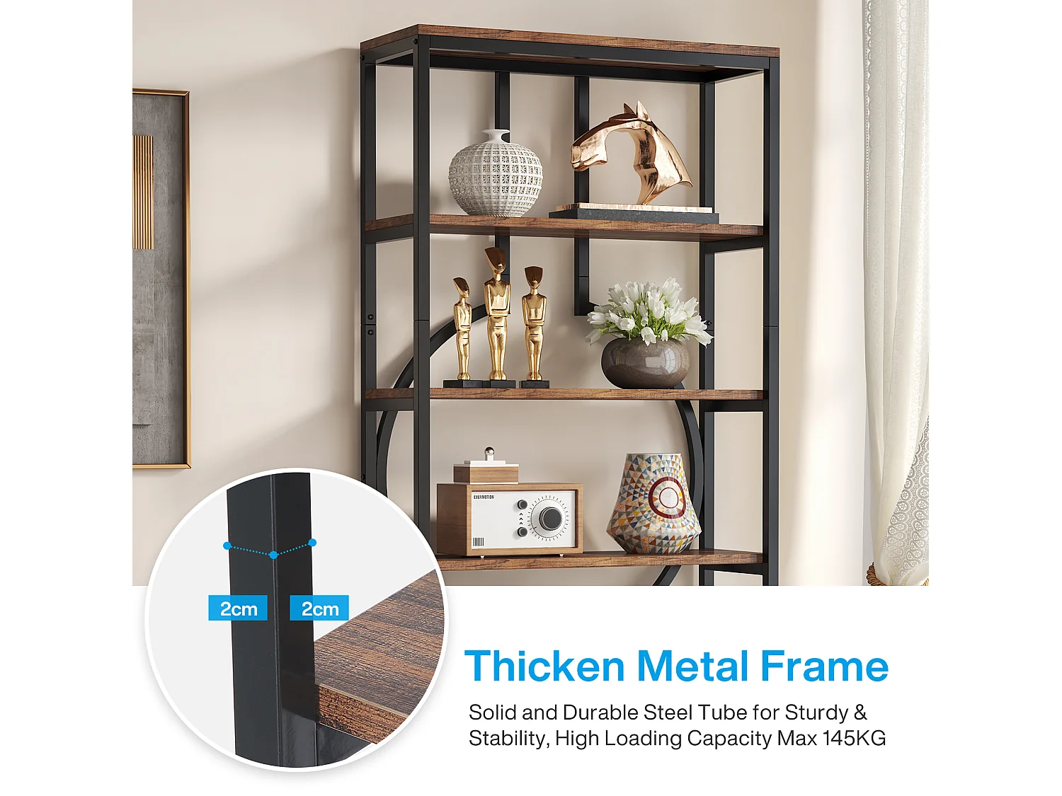 Bibliothèque Industrielle à 6 Niveaux, Haute bibliothèque Autonome avec Meuble de Rangement à 5 Ouvertures pour Salon