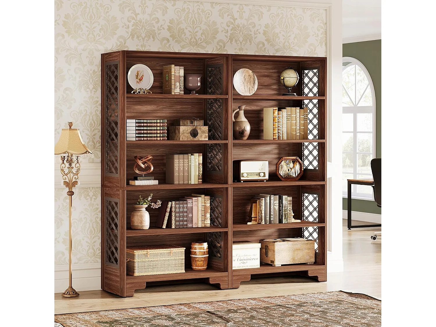 Boekenkast met 6 lagen, 180 cm, vintage hoge boekenkast, opbergplank met 5 lagen, boekenkast uit het midden van de eeuw voor kantoor, woonkamer, slaapkamer