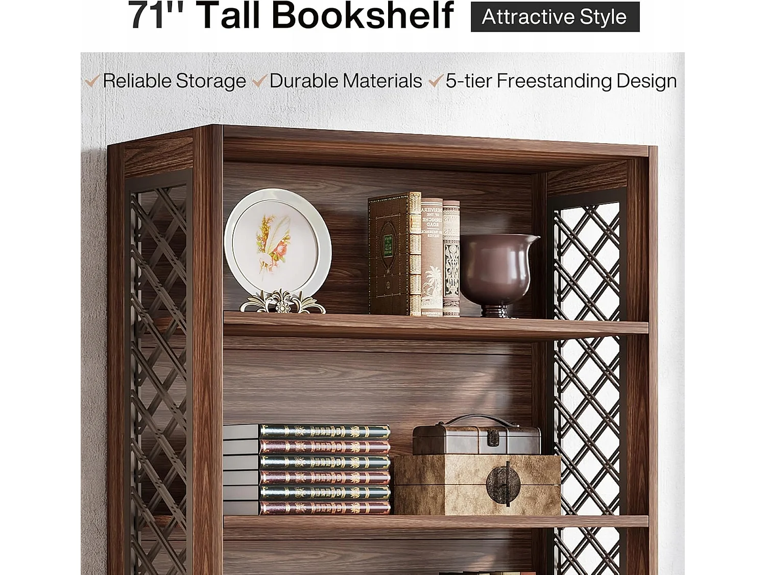 Boekenkast met 6 lagen, 180 cm, vintage hoge boekenkast, opbergplank met 5 lagen, boekenkast uit het midden van de eeuw voor kantoor, woonkamer, slaapkamer