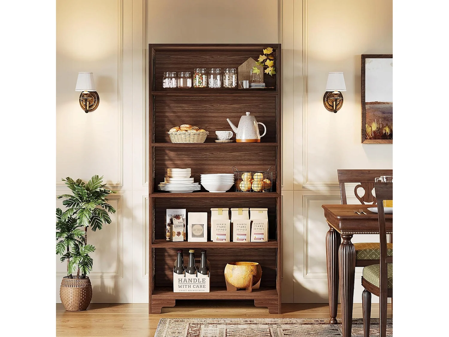 Bibliothèque à 6 niveaux, 180 cm, bibliothèque haute vintage, étagère de rangement à 5 niveaux, bibliothèque du milieu du siècle