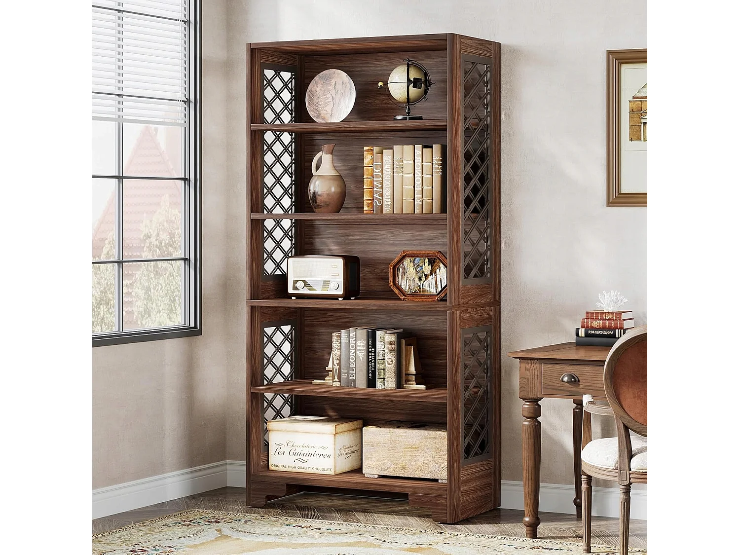 Bibliothèque à 6 niveaux, 180 cm, bibliothèque haute vintage, étagère de rangement à 5 niveaux, bibliothèque du milieu du siècle