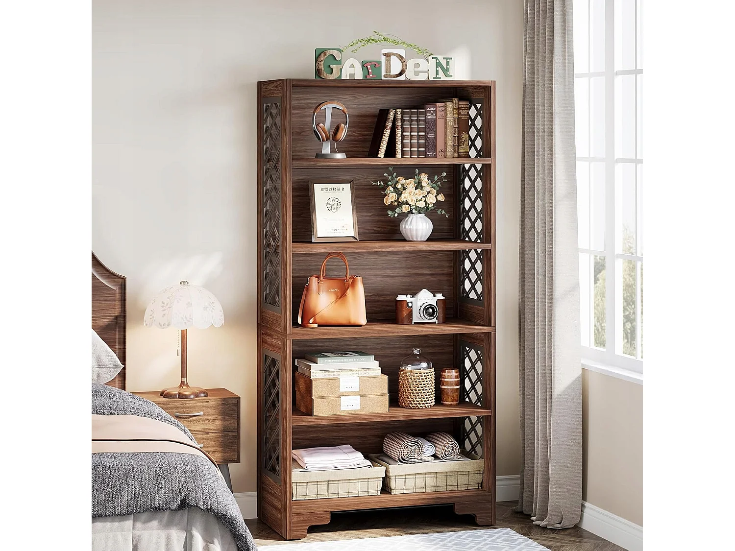 Bibliothèque à 6 niveaux, 180 cm, bibliothèque haute vintage, étagère de rangement à 5 niveaux, bibliothèque du milieu du siècle