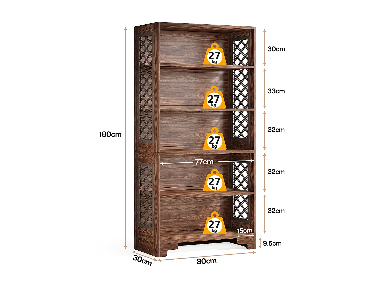 Bibliothèque à 6 niveaux, 180 cm, bibliothèque haute vintage, étagère de rangement à 5 niveaux, bibliothèque du milieu du siècle