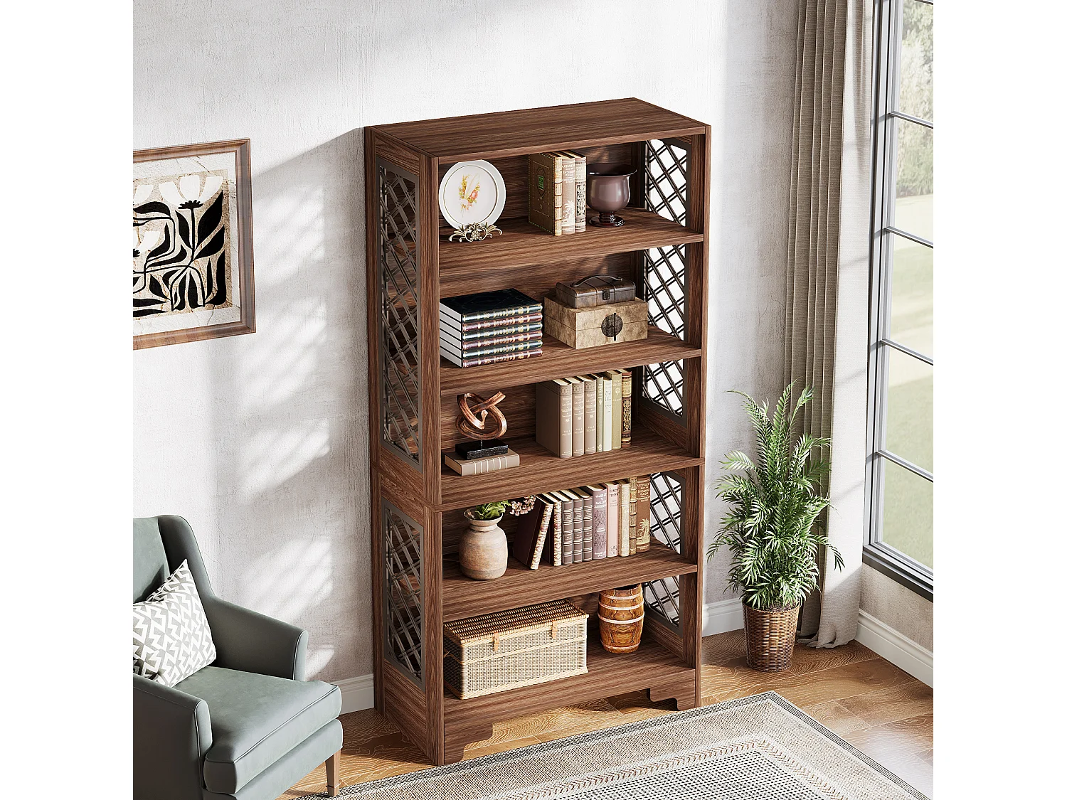 Bibliothèque à 6 niveaux, 180 cm, bibliothèque haute vintage, étagère de rangement à 5 niveaux, bibliothèque du milieu du siècle