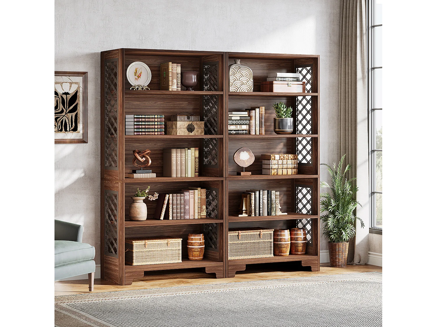 Bibliothèque à 6 niveaux, 180 cm, bibliothèque haute vintage, étagère de rangement à 5 niveaux, bibliothèque du milieu du siècle