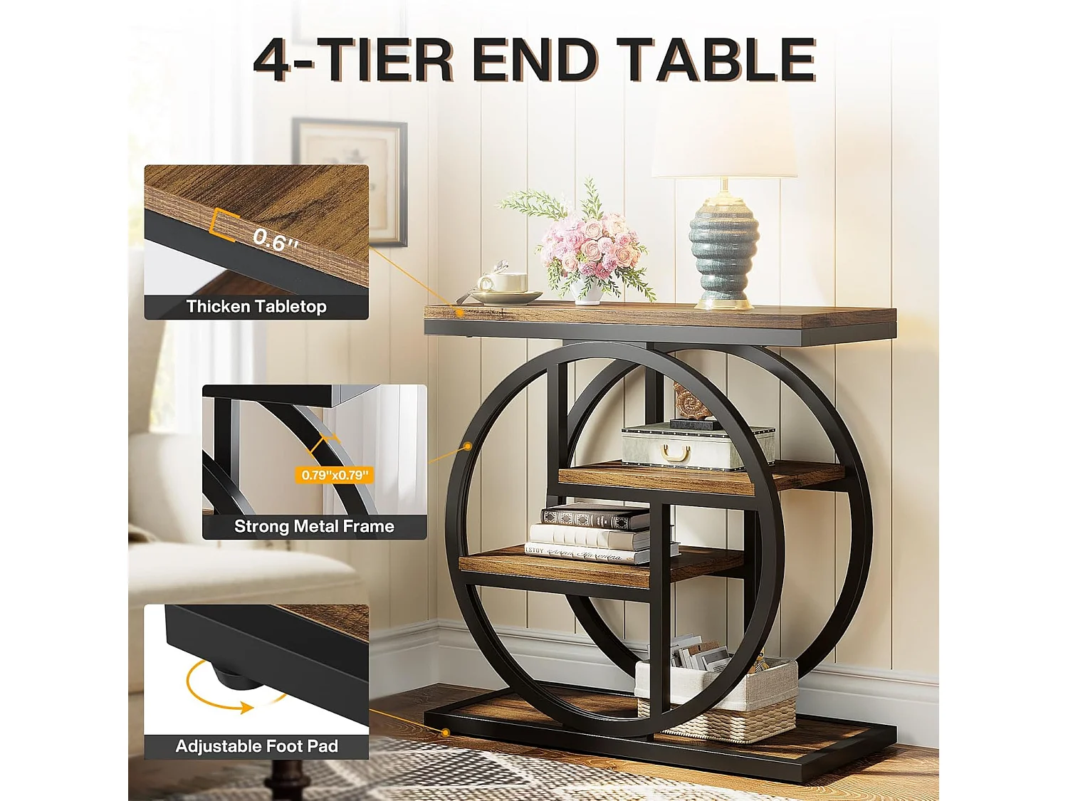 Table d'appoint étroite à 4 niveaux avec étagères de rangement, table de chevet industrielle pour chambre à coucher, marron