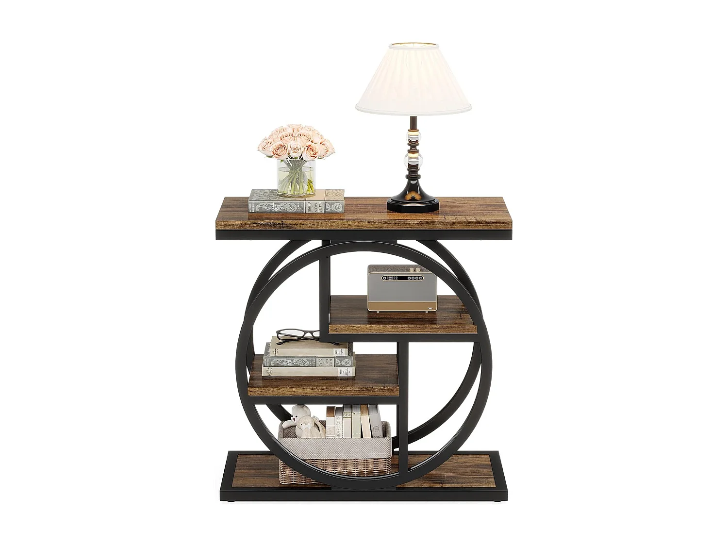 Table d'appoint étroite à 4 niveaux avec étagères de rangement, table de chevet industrielle pour chambre à coucher, marron