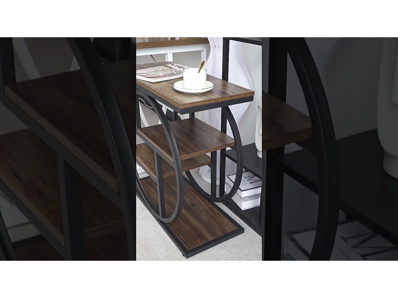 Table d'appoint étroite à 4 niveaux avec étagères de rangement, table de chevet industrielle pour chambre à coucher, marron