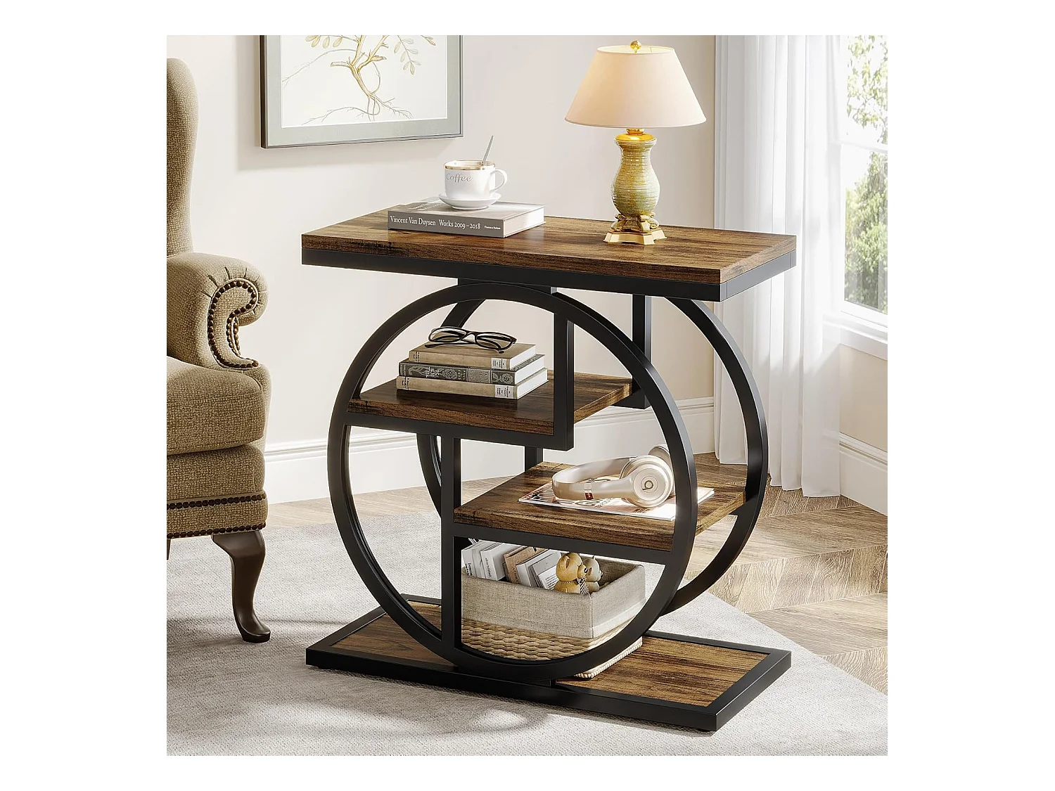 Table d'appoint étroite à 4 niveaux avec étagères de rangement, table de chevet industrielle pour chambre à coucher, marron