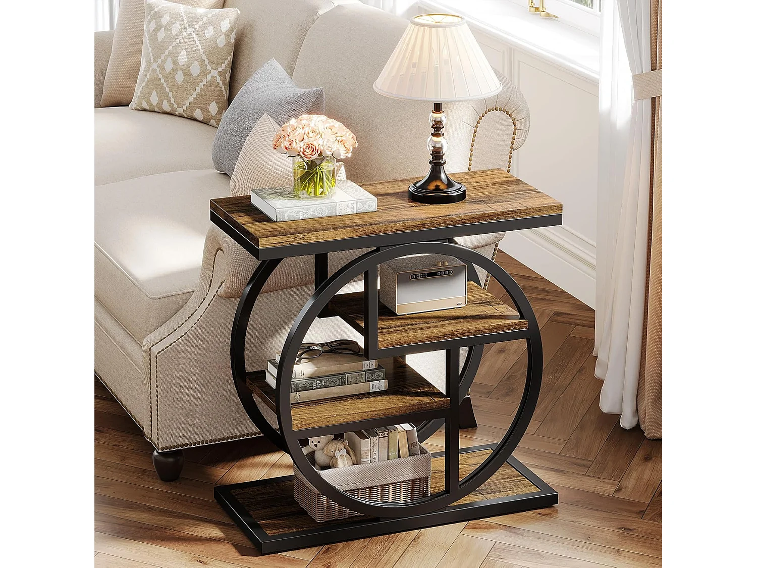 Table d'appoint étroite à 4 niveaux avec étagères de rangement, table de chevet industrielle pour chambre à coucher, marron