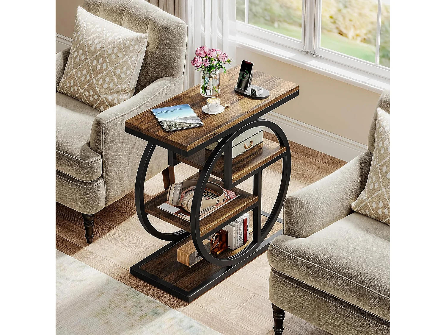 Table d'appoint étroite à 4 niveaux avec étagères de rangement, table de chevet industrielle pour chambre à coucher, marron