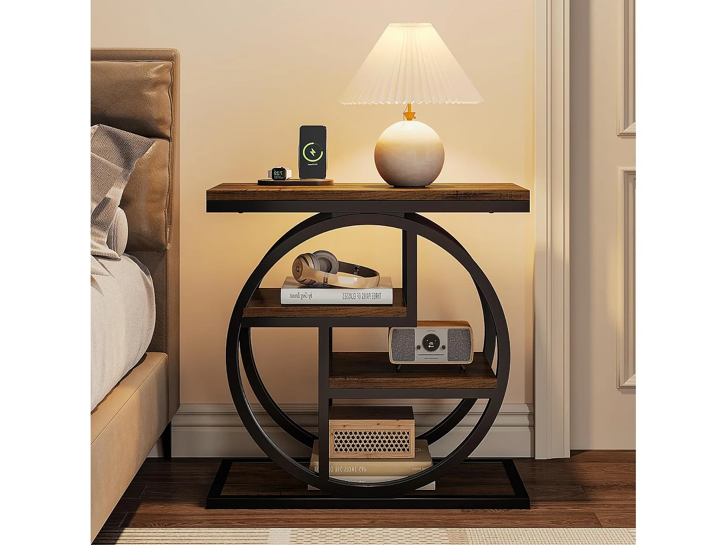 Table d'appoint étroite à 4 niveaux avec étagères de rangement, table de chevet industrielle pour chambre à coucher, marron