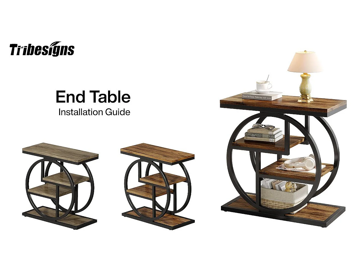 Tavolino stretto a 4 ripiani con ripiani portaoggetti, comodino industriale per camera da letto, piccolo divano in legno con struttura geometrica in metallo, marrone