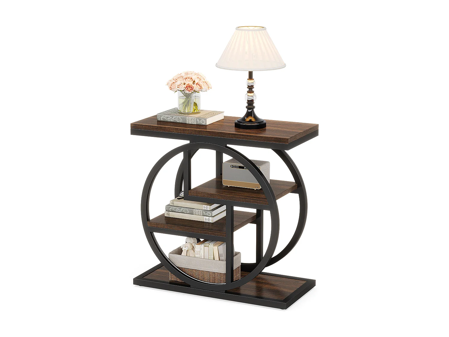 Table d'appoint étroite à 4 niveaux avec étagères de rangement, table de chevet industrielle pour chambre à coucher, marron