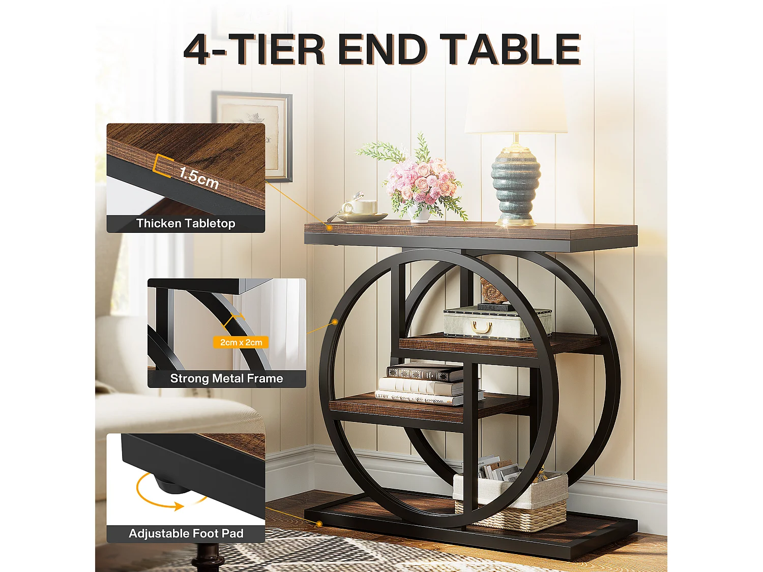 Table d'appoint étroite à 4 niveaux avec étagères de rangement, table de chevet industrielle pour chambre à coucher, marron
