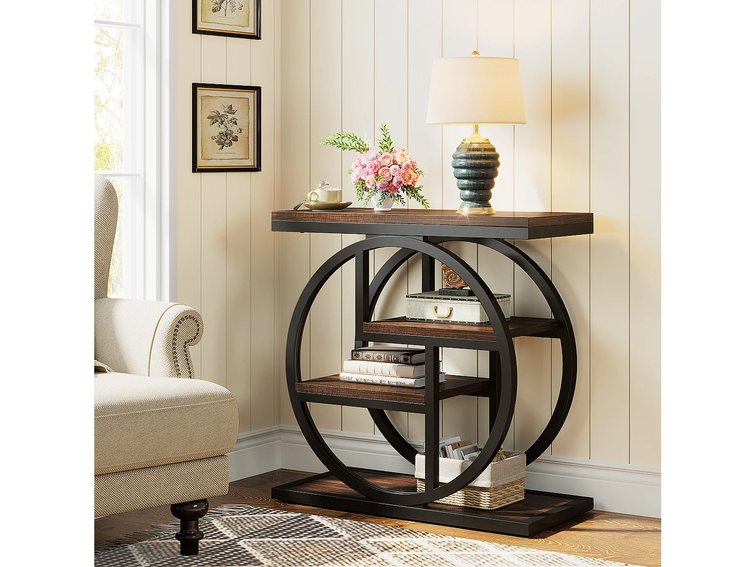 Table d'appoint étroite à 4 niveaux avec étagères de rangement, table de chevet industrielle pour chambre à coucher, marron