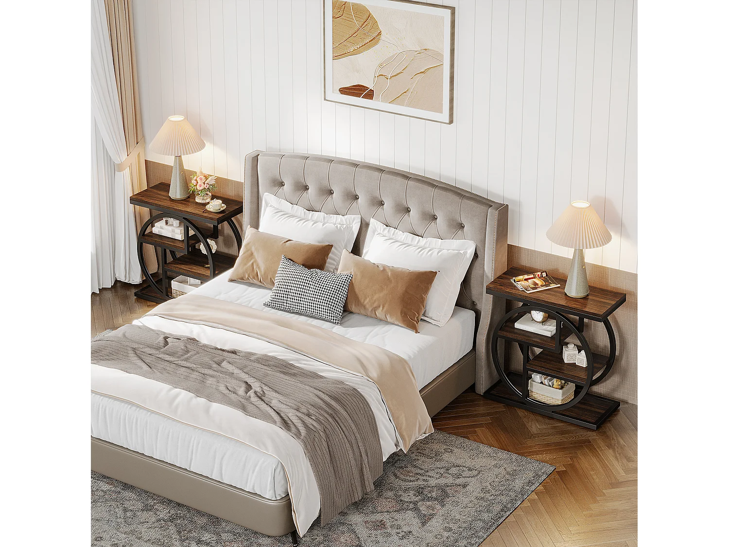 Table d'appoint étroite à 4 niveaux avec étagères de rangement, table de chevet industrielle pour chambre à coucher, marron