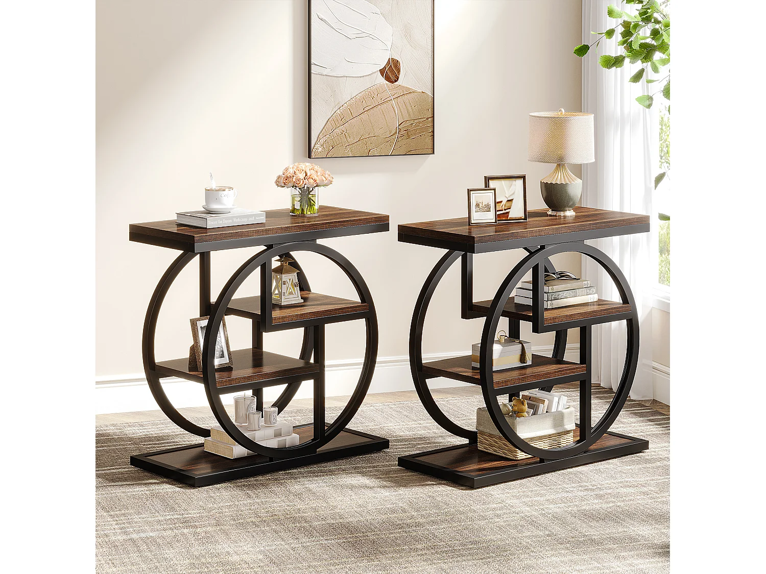 Table d'appoint étroite à 4 niveaux avec étagères de rangement, table de chevet industrielle pour chambre à coucher, marron